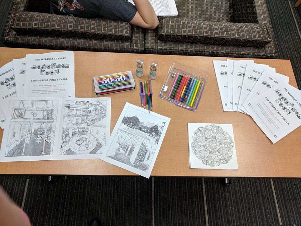 Wiggins library themed coloring book de-stress station