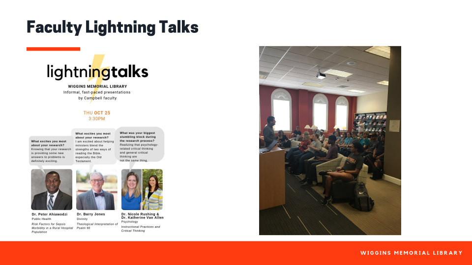 Faculty Lightning talks example flyer and picture of students attending