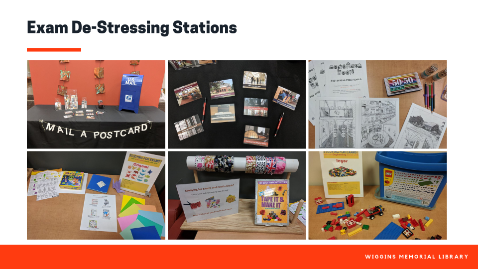 Collage of pictures showing all the different exam de-stressing stations