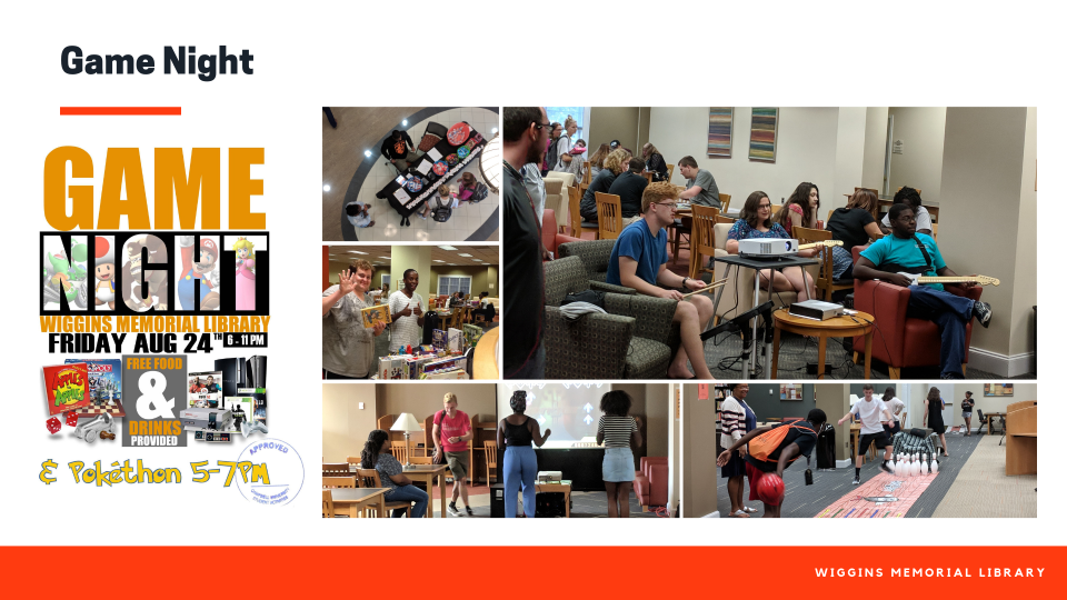 Game night example flyer and a collage of pictures with students participating in various games