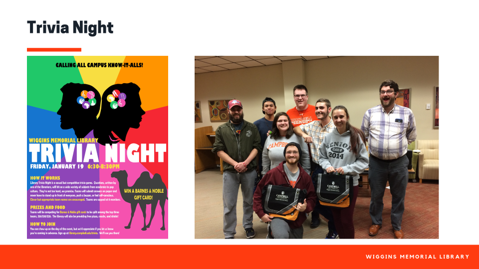 Trivia night example flyer and picture of one of the teams that won
